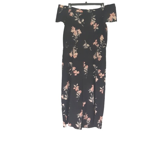 Womens 16 Jumpsuit Off Shoulder Black Floral Wide Leg Stretch Waist Relaxed Fit - Picture 1 of 3